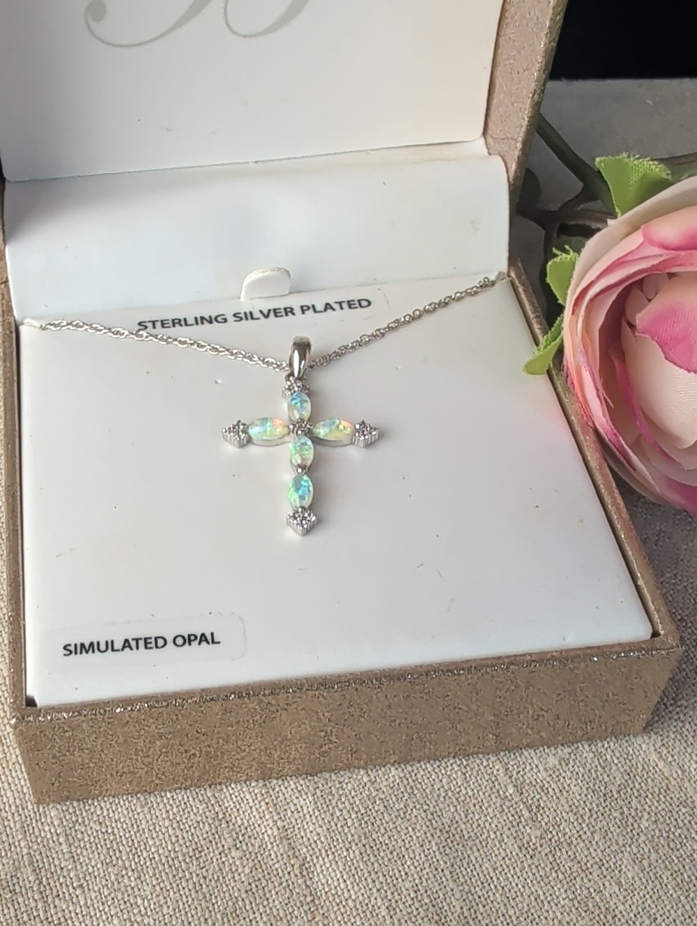 Brilliance Fine Jewelry Simulated Opal Cross Necklace Sterling Silver Plated - Picture 3 of 7